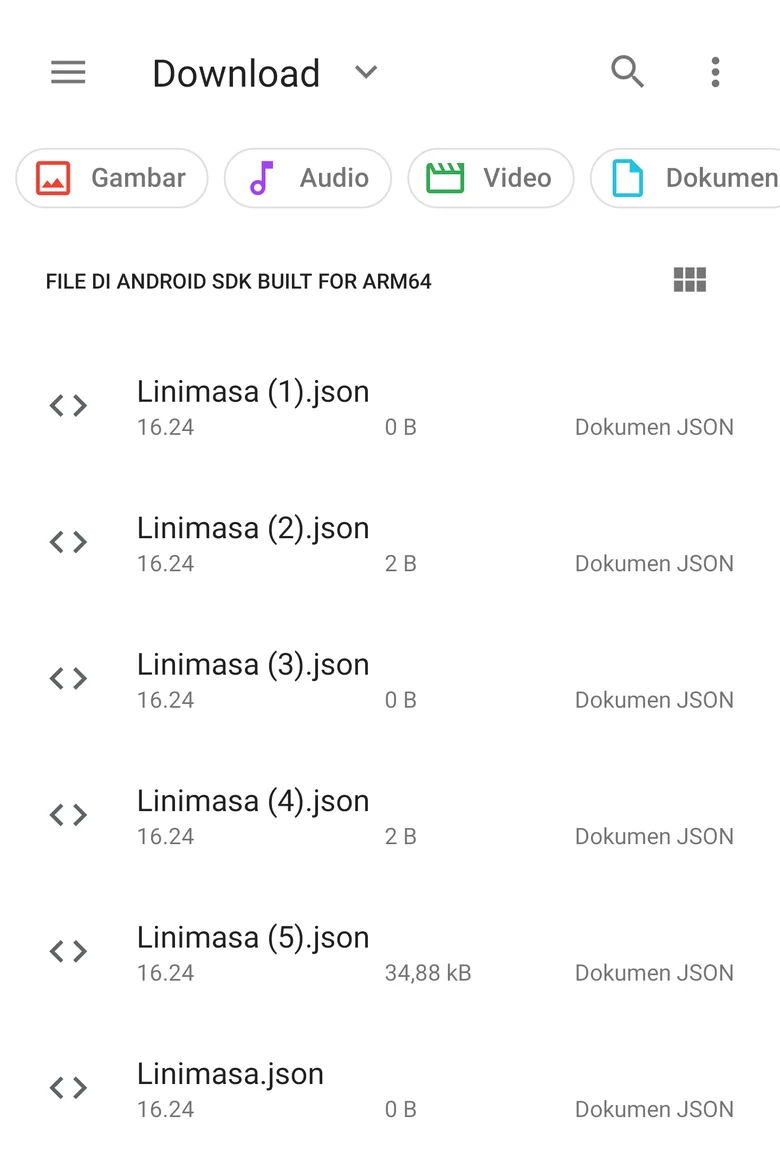 Folder Download di aplikasi Files: Linimasa (1).json sampai Linimasa (5).json, yang lama 0 B, yang terbaru 34,88 kB