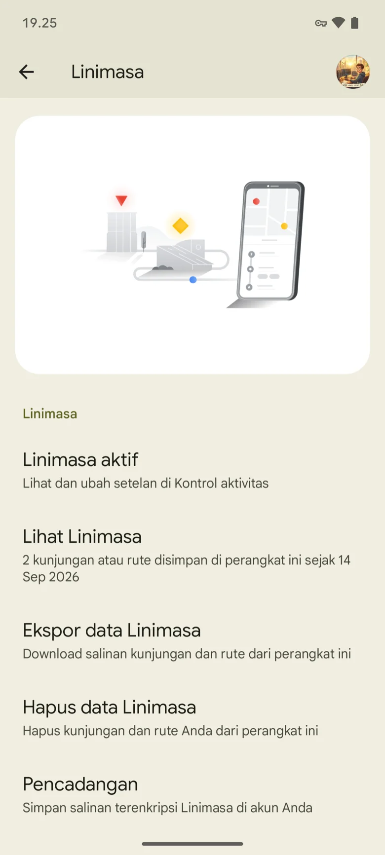 Setelan HP Android → Lokasi → Layanan lokasi → Linimasa: Linimasa aktif, Lihat Linimasa (2 kunjungan atau rute disimpan di perangkat ini sejak 14 Sep 2026), Ekspor data Linimasa, Hapus data Linimasa, Pencadangan