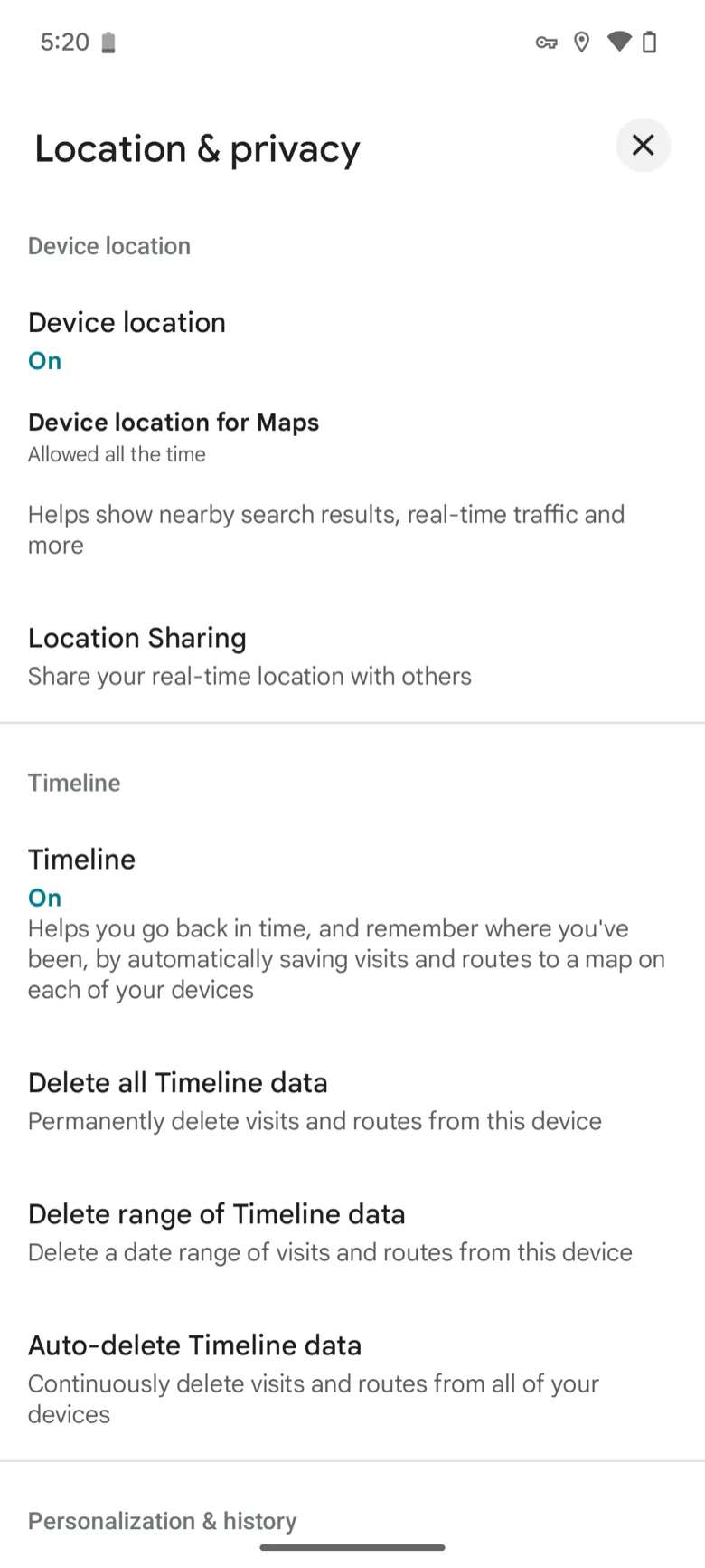 Google Maps Android app, Location & privacy screen: Device location On, Device location for Maps Allowed all the time, Timeline On, then Delete and Auto-delete Timeline data entries
