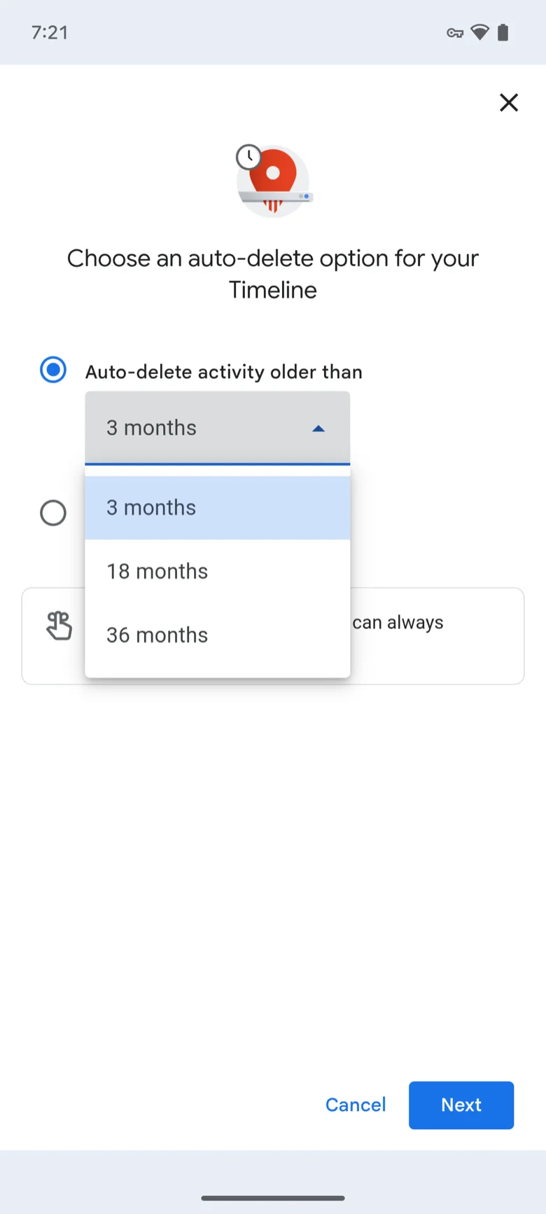 Choose an auto-delete option for your Timeline: auto-delete activity older than 3 months, 18 months or 36 months