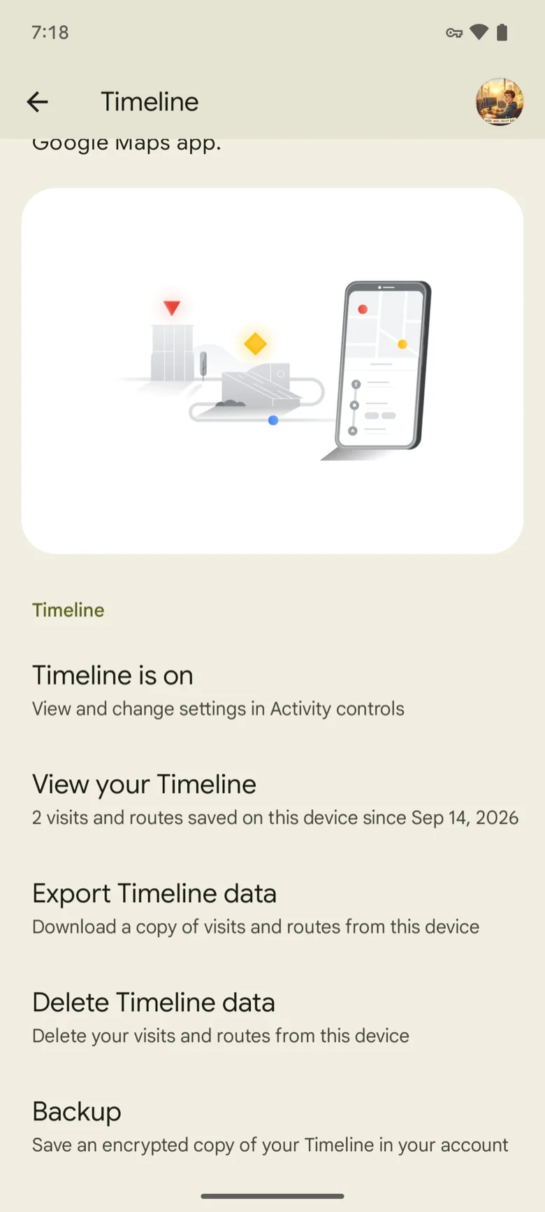 Android Settings → Location → Location services → Timeline: Timeline is on, View your Timeline (2 visits and routes saved on this device since Sep 14, 2026), Export Timeline data, Delete Timeline data, Backup