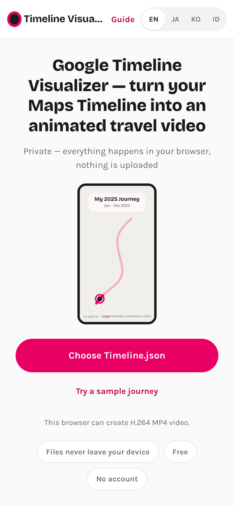 Timeline Visualizer home screen on a phone with the Choose Timeline.json button