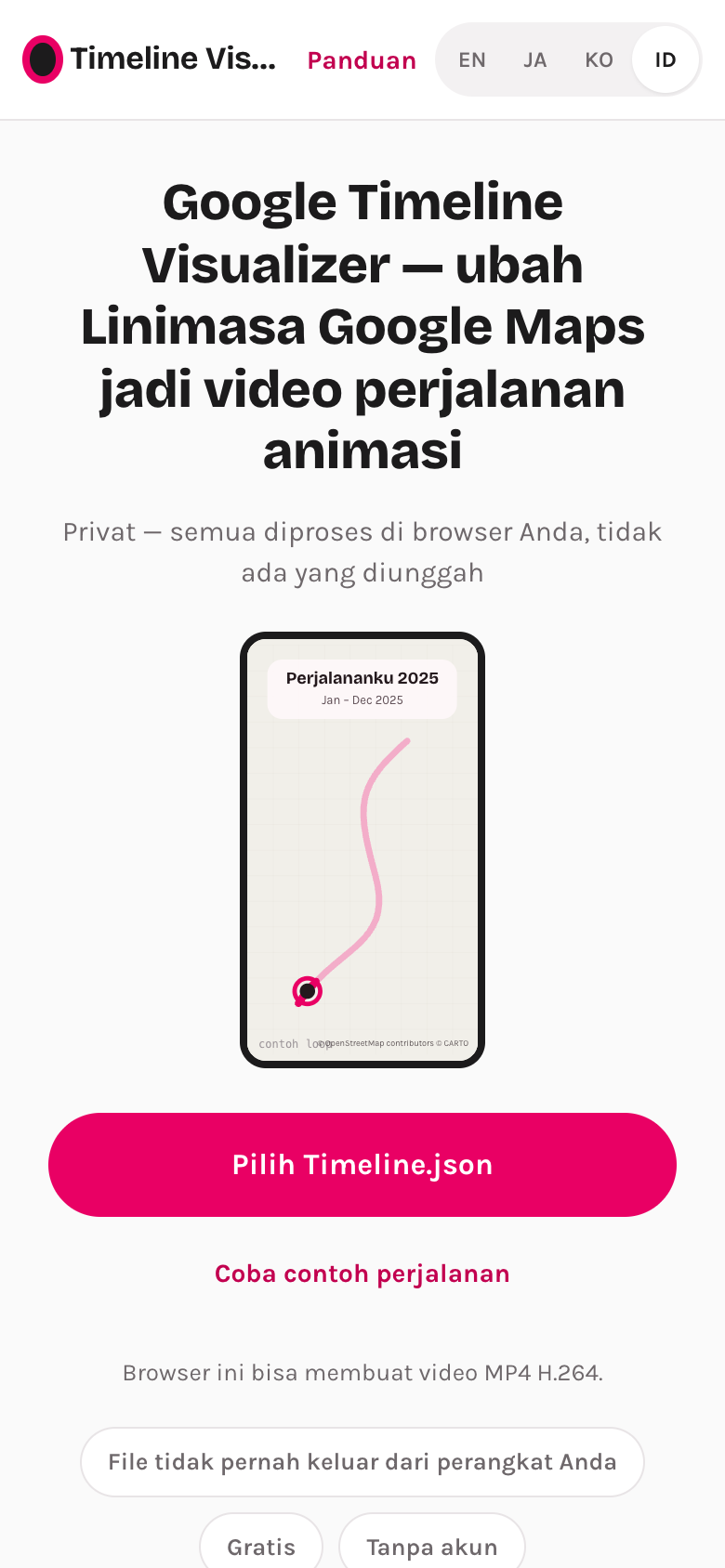 Layar utama Timeline Visualizer di ponsel dengan tombol Pilih Timeline.json