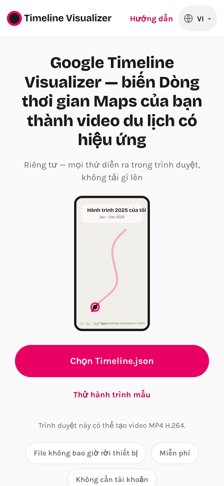 Màn hình chính Timeline Visualizer trên điện thoại với nút Chọn Timeline.json