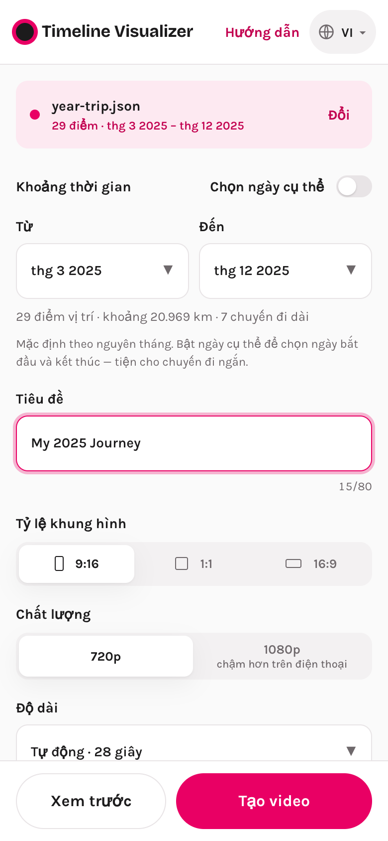 Màn hình cài đặt sau khi tải file: khoảng thời gian, tiêu đề, tỷ lệ khung hình, chất lượng, độ dài