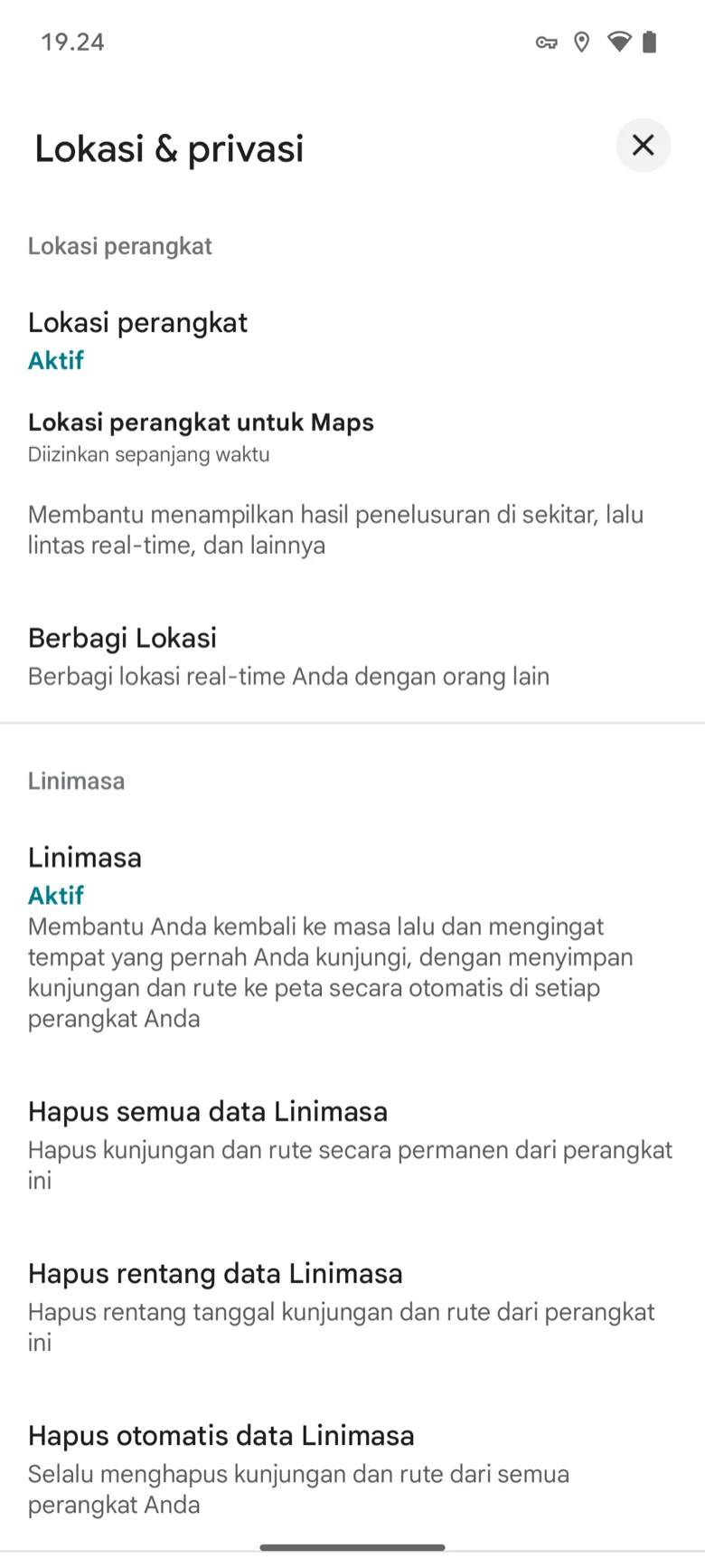 Halaman Lokasi & privasi di Google Maps Android: Lokasi perangkat Aktif, Lokasi perangkat untuk Maps Diizinkan sepanjang waktu, Linimasa Aktif, lalu Hapus semua data / Hapus rentang data / Hapus otomatis data Linimasa