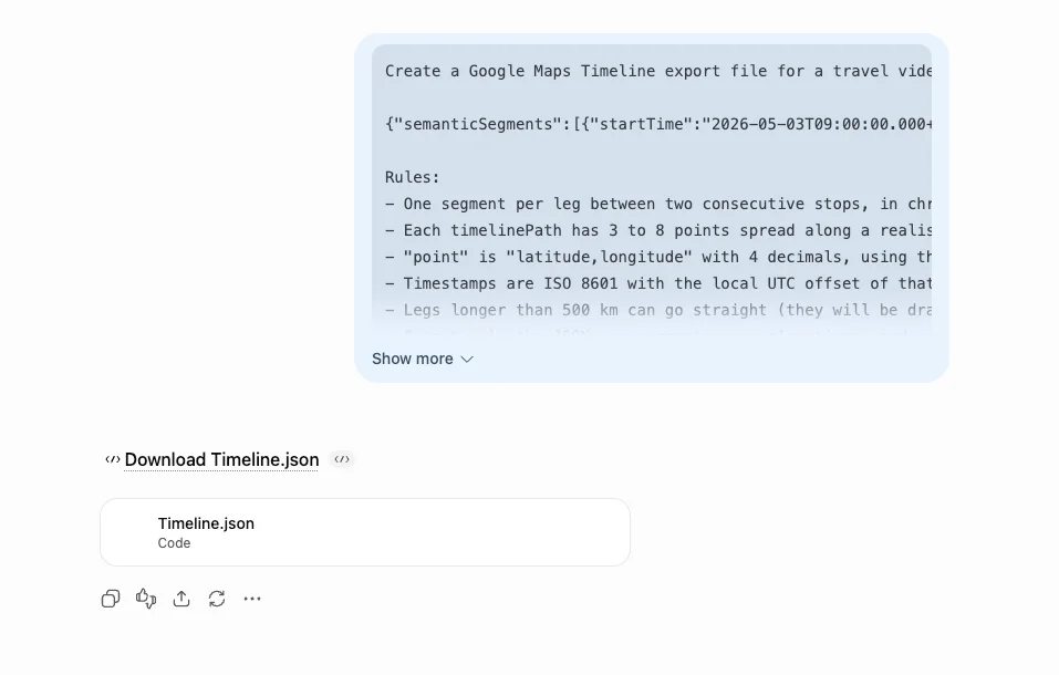 ChatGPT answering the prompt with a downloadable Timeline.json