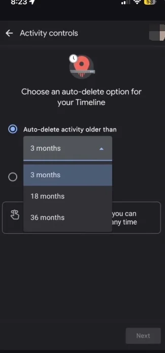 Auto-delete options for your Timeline: 3, 18 or 36 months