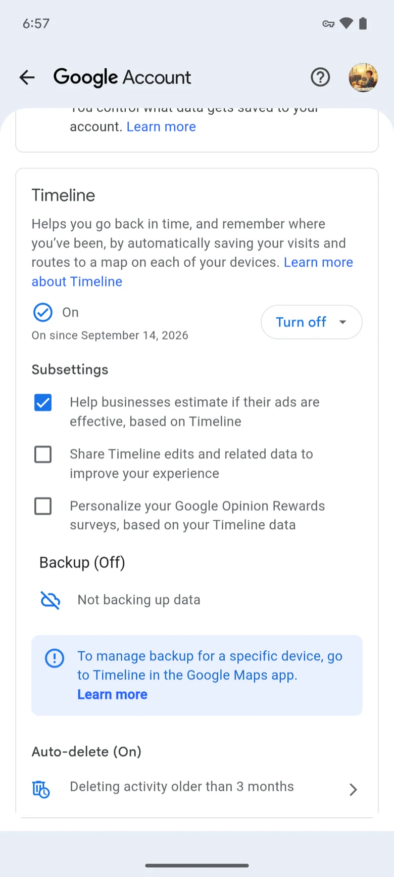 Google Account Timeline page on a phone where Timeline was turned on the same day: Auto-delete On, deleting activity older than 3 months