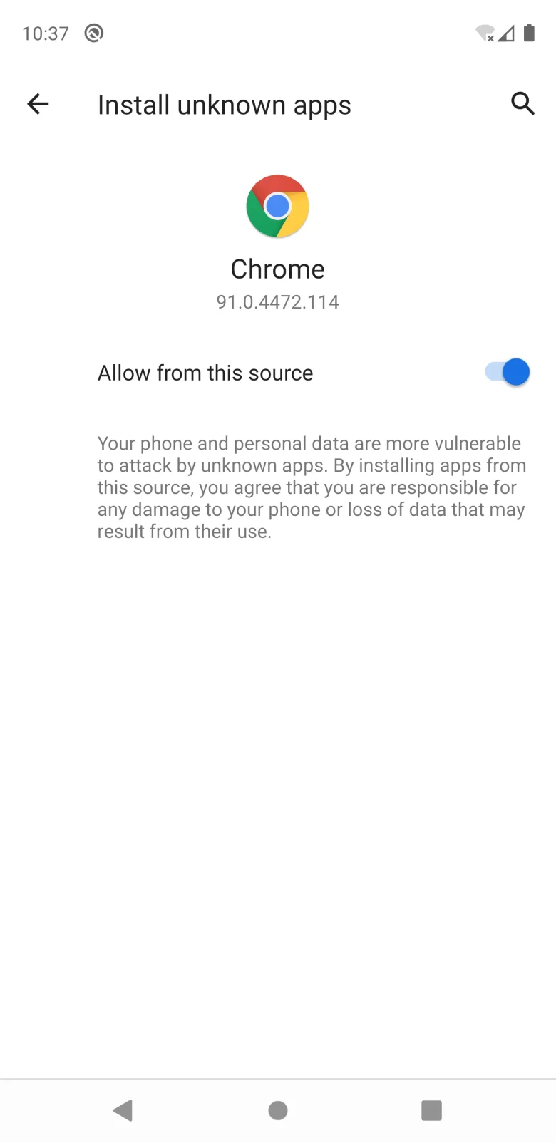 Layar setelan Android dengan sakelar 'Izinkan dari sumber ini'
