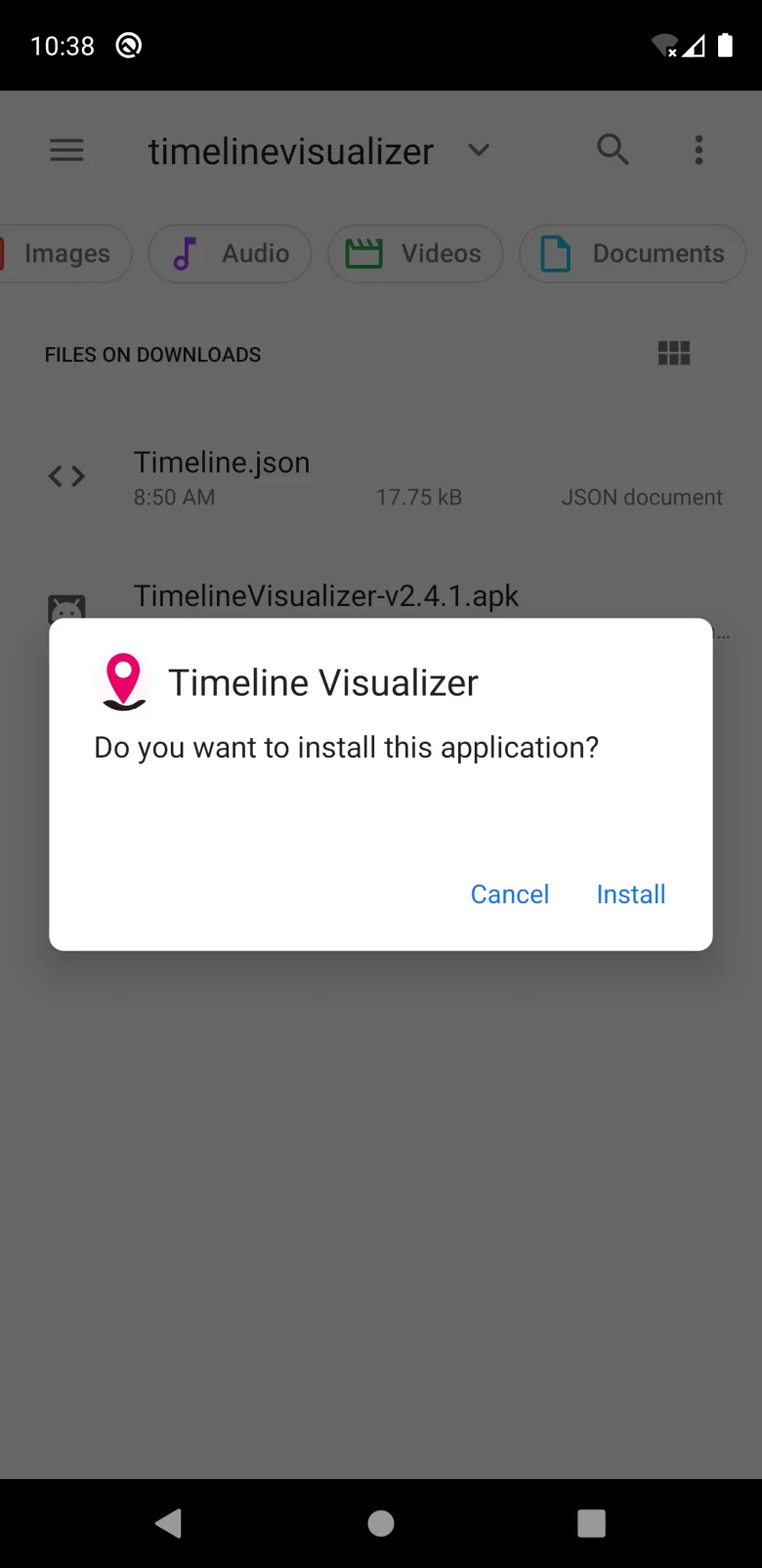 Dialog install Android untuk Timeline Visualizer