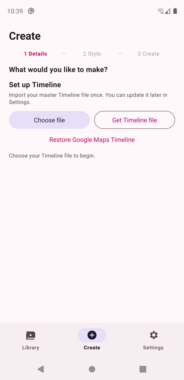Aplikasi Timeline Visualizer, tab Create: 'Set up Timeline' dengan tombol Choose file