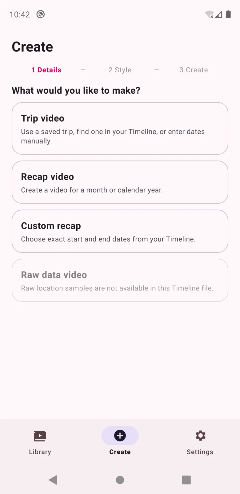 Aplikasi menanyakan mau bikin apa: Trip video, Recap video, Custom recap, Raw data video