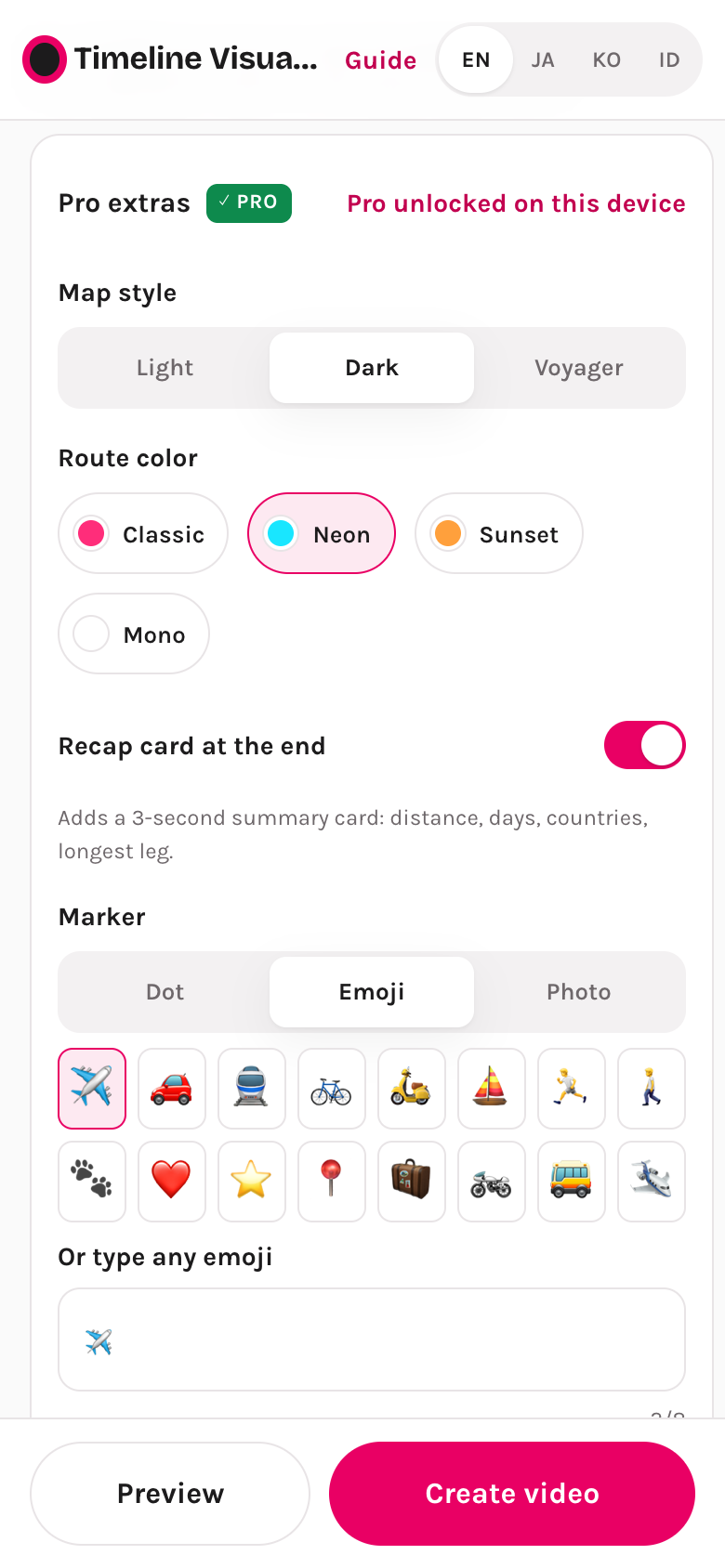 Pro extras group: map style, route color, recap card, marker