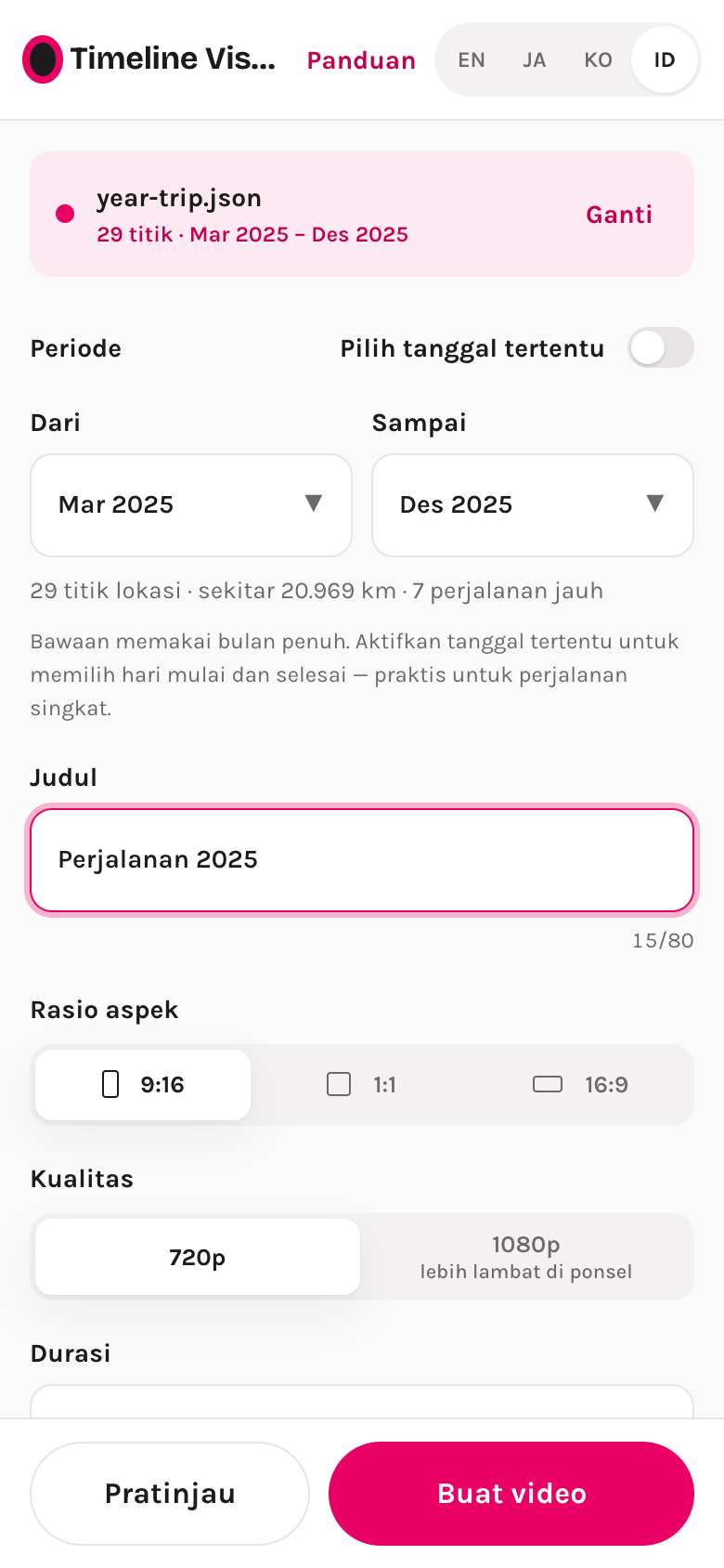 Layar pengaturan: periode, rasio aspek, kualitas, durasi, kamera, dan musik