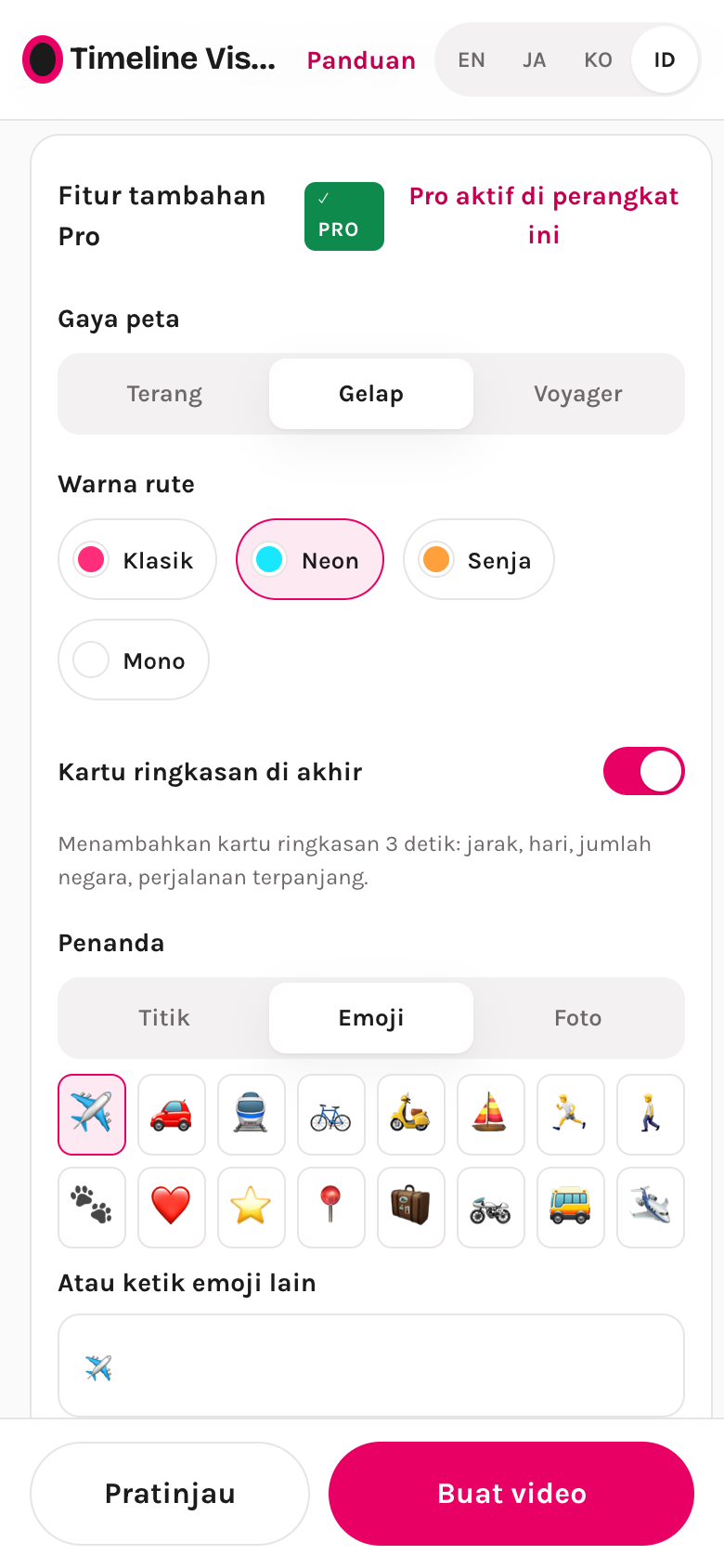 Grup fitur tambahan Pro: gaya peta, warna rute, kartu ringkasan, penanda