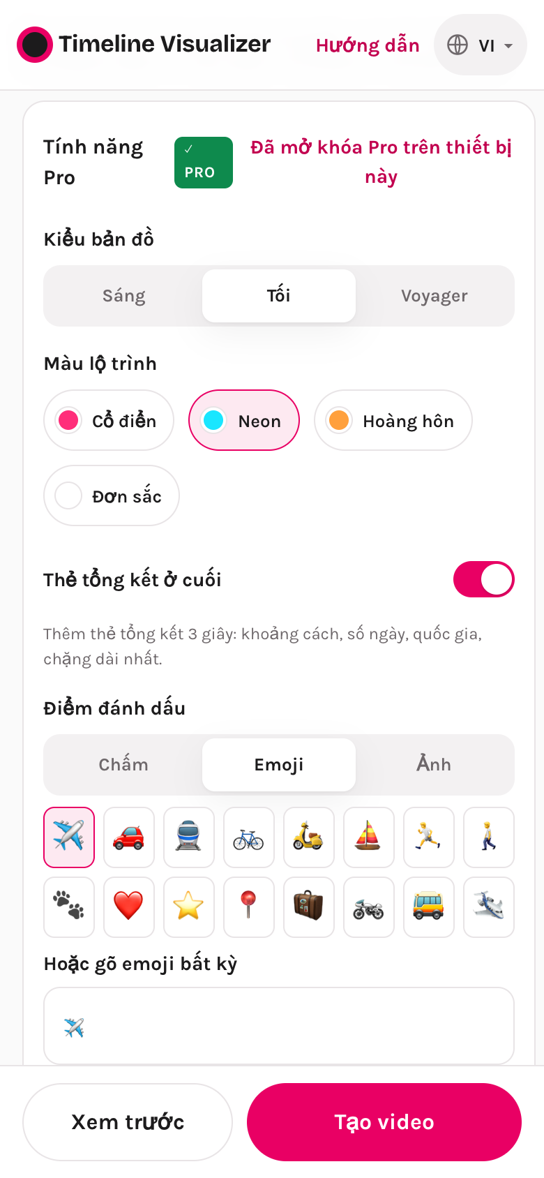 Nhóm tính năng Pro: kiểu bản đồ, màu lộ trình, thẻ tổng kết, điểm đánh dấu