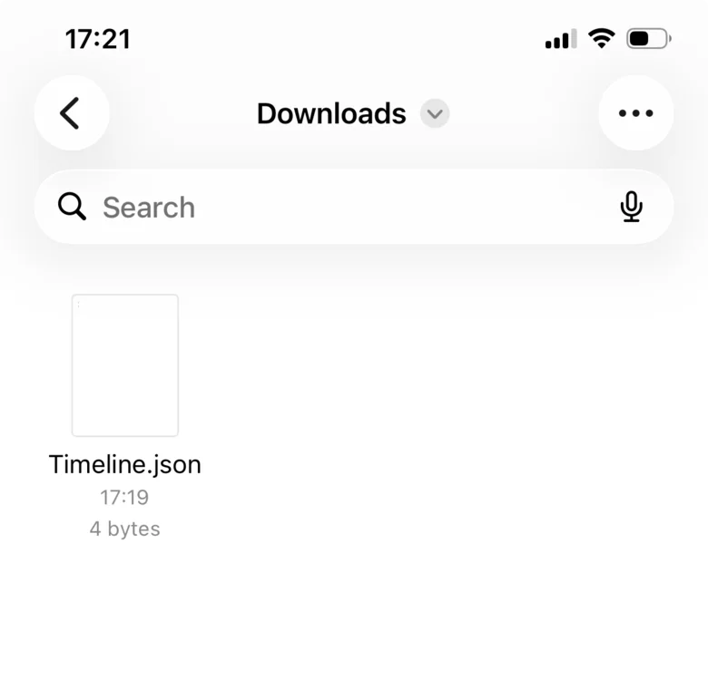 iPhone Files app, Downloads folder with one file: Timeline.json, 4 bytes