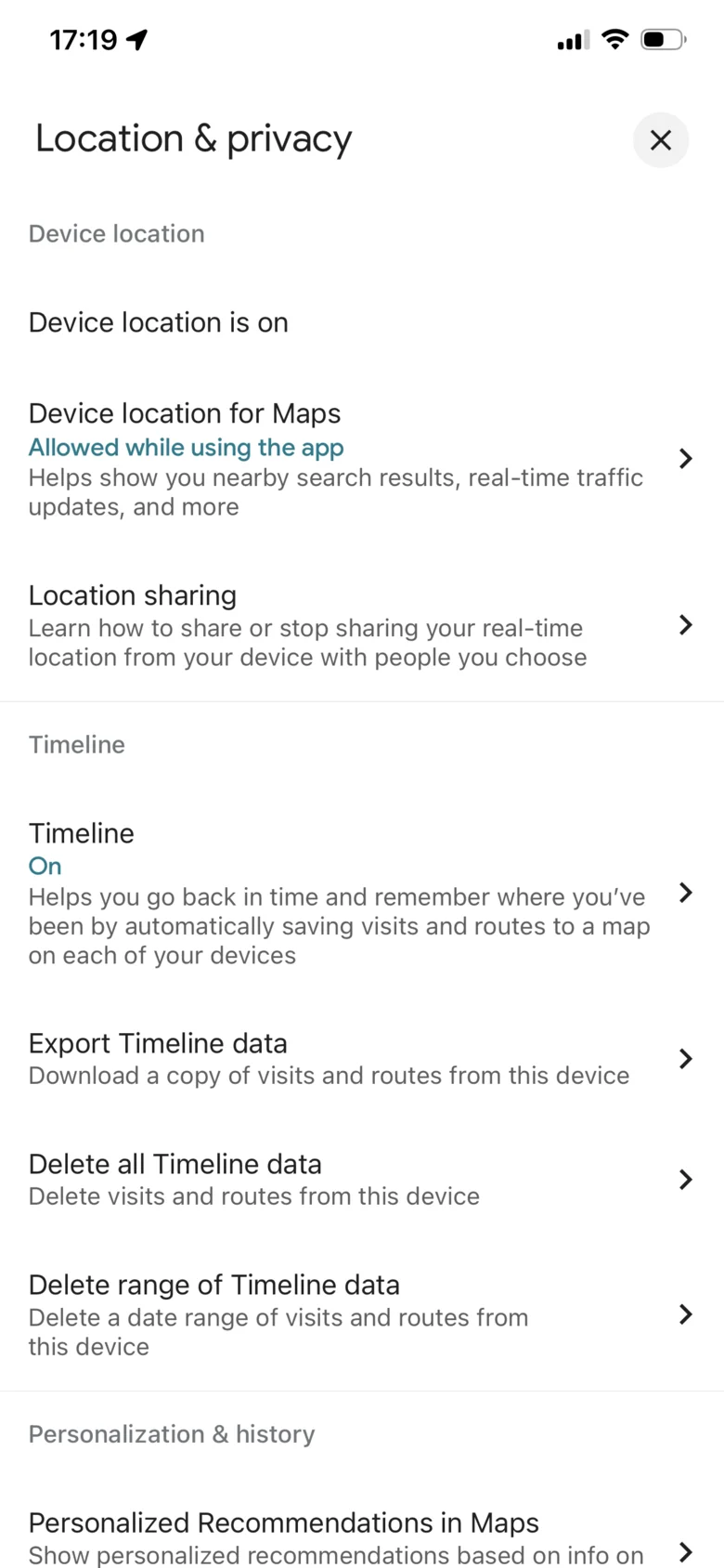 Google Maps on iPhone, Location & privacy screen: Device location is on, Device location for Maps, Location sharing, then under Timeline: Timeline On, Export Timeline data, Delete all Timeline data, Delete range of Timeline data