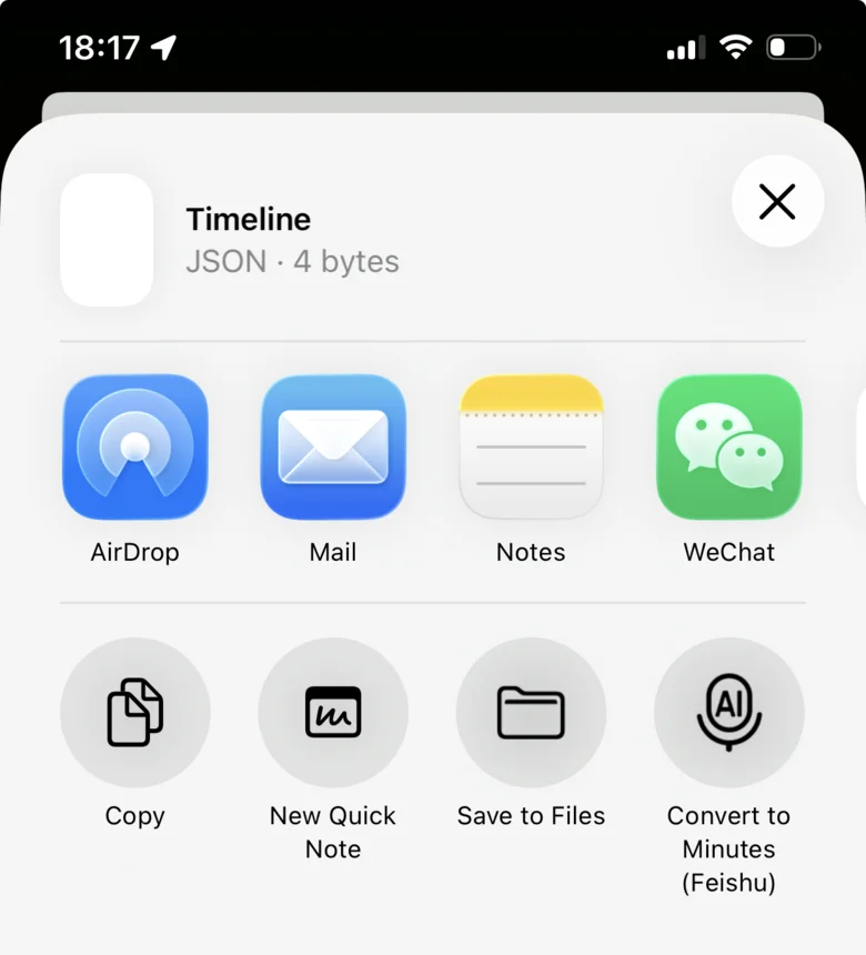 iOS share sheet after tapping Export Timeline data: a file named Timeline, JSON, 4 bytes; apps AirDrop, Mail, Notes, WeChat; actions Copy, New Quick Note, Save to Files, Convert to Minutes