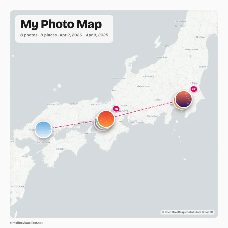 Exported photo map: Kyushu Road Trip, 184 photos, 23 places