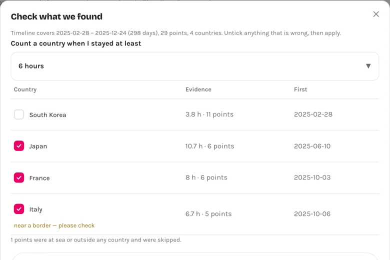 Confirmation list of countries found in a Timeline export, with hours and first-visit dates