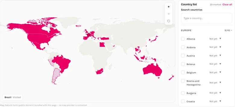 World map with several countries highlighted and the country list on the right