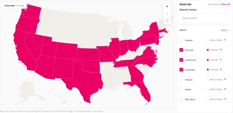 US map with several states highlighted and the state list on the right